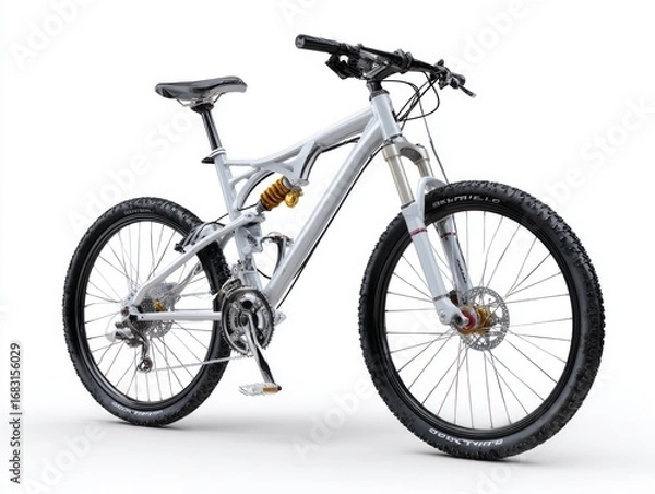 Fototapeta A modern, light gray mountain bike, with intricate suspension details, is showcased against a plain white backdrop.