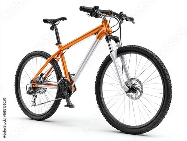 Fototapeta A modern mountain bike, showcasing a dynamic orange and silver color combination, is presented on a plain white background.