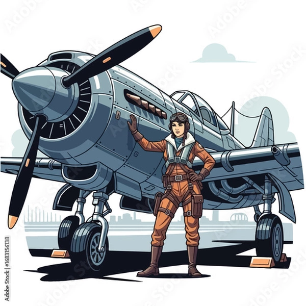 Obraz A female pilot stands proudly next to a vintage airplane, ready for flight.