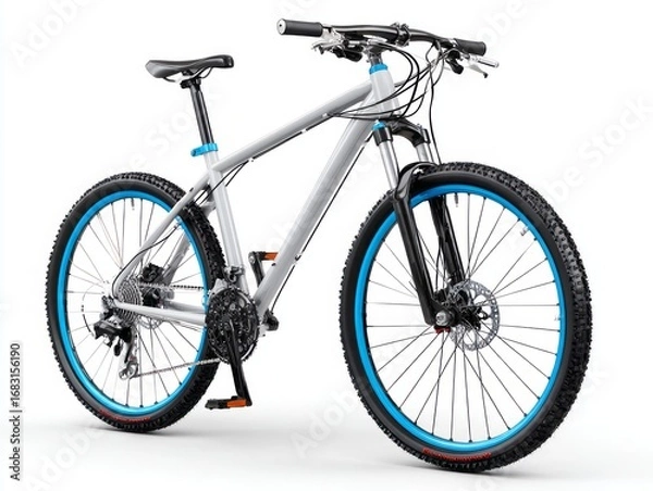 Fototapeta A modern, light gray mountain bike with bright teal accents stands prominently against a plain white background.