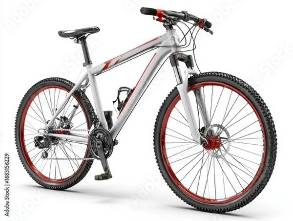 Fototapeta A modern mountain bike, rendered in a  setting, showcasing its silver frame and red accents.