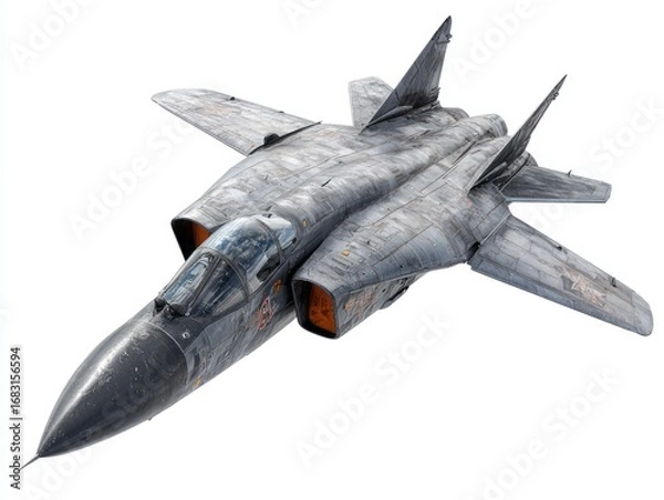 Fototapeta High-angle, detailed illustration of a military jet aircraft, showcasing its intricate design and weathered surface against a plain white background.