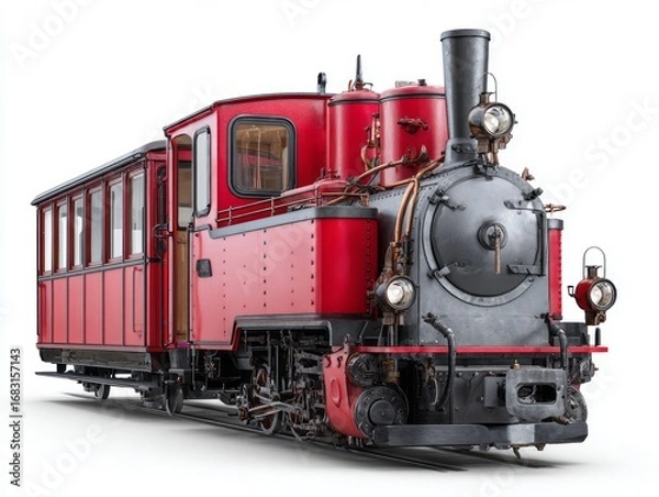 Fototapeta A vintage steam train, rendered in vivid red and dark gray, sits on a white background, showcasing intricate details.