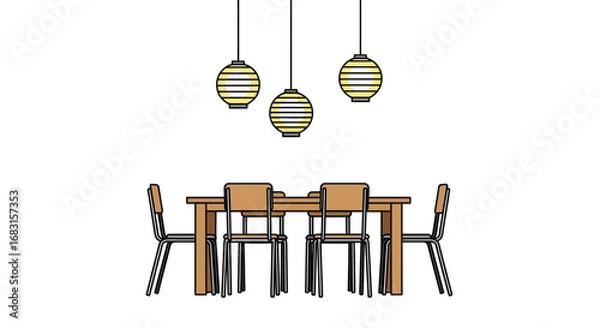Fototapeta Stylized Illustration of a Dining Room Set with Hanging Lanterns
