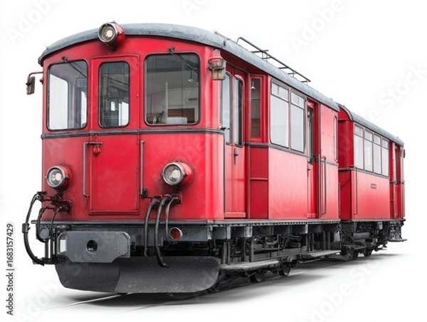 Fototapeta A vintage, red electric train, meticulously detailed, stands prominently against a plain white background.