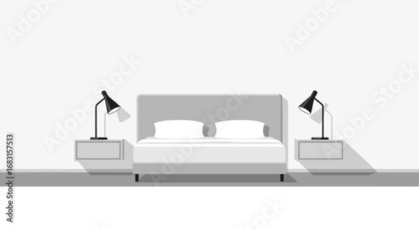 Fototapeta Symmetrical bedroom scene with minimalist design and modern aesthetic