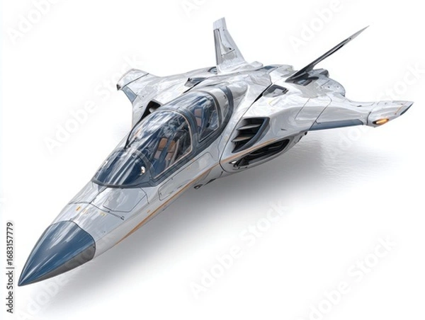 Fototapeta A futuristic, sleek spacefaring craft, rendered in detailed metallic silver and dark gray tones, is presented against a pure white background.