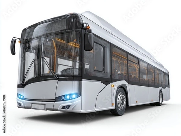 Fototapeta A modern, light gray city bus stands out against a plain white background, showcasing its sleek design and prominent windows.