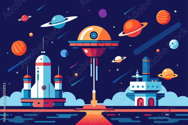 Obraz a futuristic spaceport with various spacecraft doc