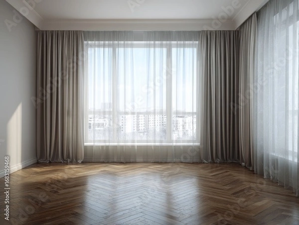 Obraz A room with a large window and white curtains