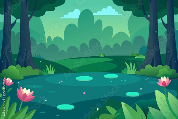 Obraz serene forest glade with a small  hidden pond and 