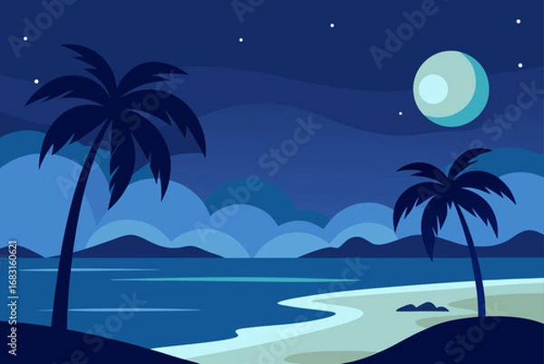 Fototapeta a serene moonlit beach with gentle waves and palm 