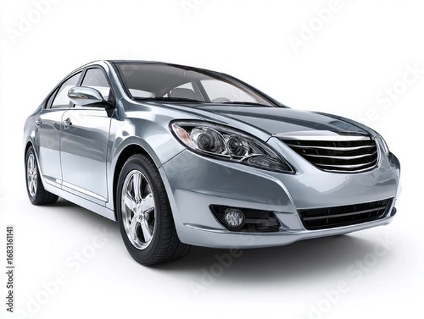 Fototapeta A stylish, modern sedan, presented in a sophisticated light-gray hue, showcases a sleek, detailed design against a plain white backdrop.