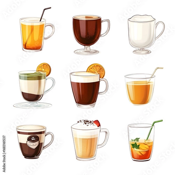 Fototapeta Elegant Display of Warm Beverages on White Background