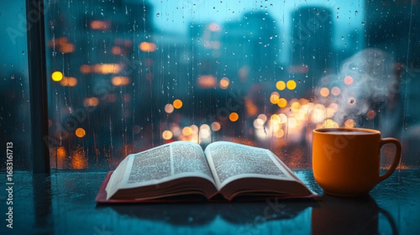 Fototapeta Open book and orange mug on a table with a rainy window and city lights in the background