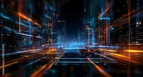 Obraz Abstract digital background with a futuristic cyberpunk cityscape and glowing lines of data flow, 