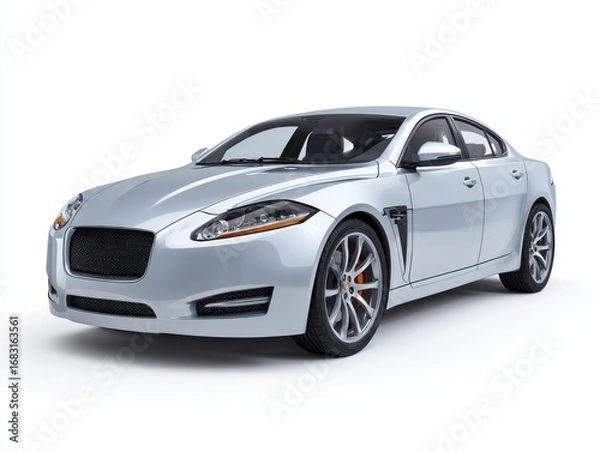 Fototapeta A sleek, modern, silver-toned sedan is presented against a plain white backdrop, showcasing its stylish design and sophisticated features.