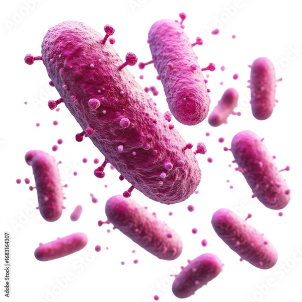 Fototapeta Pink bacteria cells with surface projections are displayed against a showcasing microbiology and potential medical research applications on transparent background