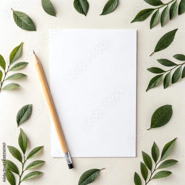 Obraz a blank white paper for written and pencil with green leaf