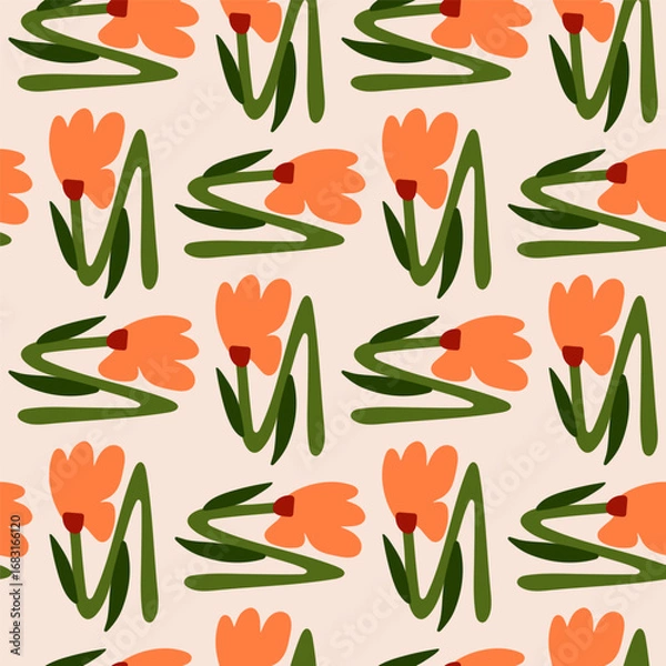 Fototapeta Floral seamless pattern doodle design. Hand drawn orange daisies flowers on beige background. Ornate vector florals for stationery, textile design.