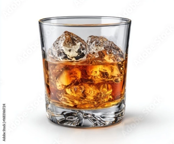 Fototapeta A clear glass tumbler filled with amber liquid and ice cubes stands against a white background.