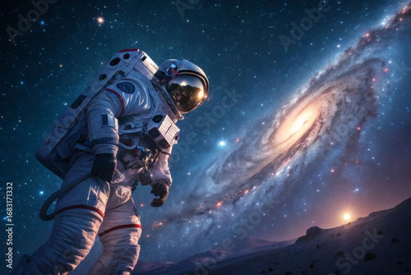 Obraz Floating astronaut breaking apart into luminous cosmic dust streams within starry cosmos, detailed nebula and planets in background