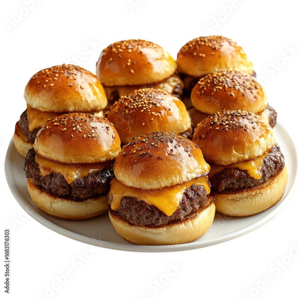 Fototapeta Delicious mini cheeseburgers with sesame seed buns are arranged on a white plate perfect for catering parties or a tasty appetizer spread on transparent background