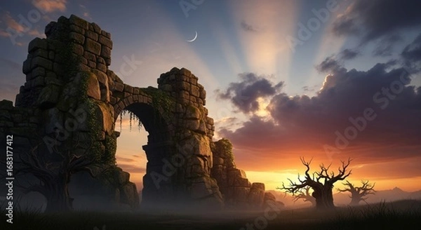 Fototapeta Ancient Stone Archway Under Crescent Moon and Dramatic Sunset Sk