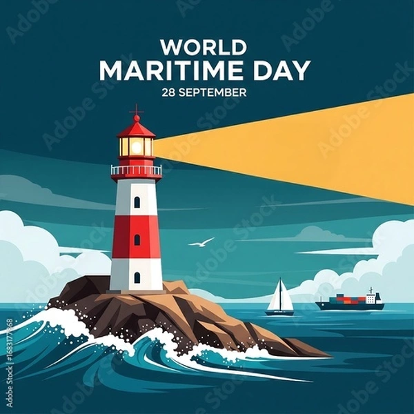 Fototapeta World maritime day lighthouse guiding ships at sea