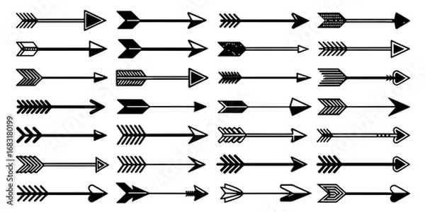 Fototapeta Arrow icon set, arrow cursor collection, different arrow signs, black arrows icons. Modern simple arrows. Black arrow pointing to the right. Black direction pointer. Vector illustration.