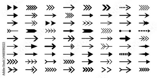Fototapeta Arrow icon set, arrow cursor collection, different arrow signs, black arrows icons. Modern simple arrows. Black arrow pointing to the right. Black direction pointer. Vector illustration.