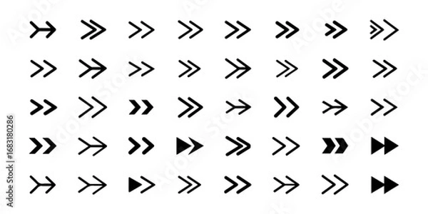 Fototapeta Arrow icon set, arrow cursor collection, different arrow signs, black arrows icons. Modern simple arrows. Black arrow pointing to the right. Black direction pointer. Vector illustration.