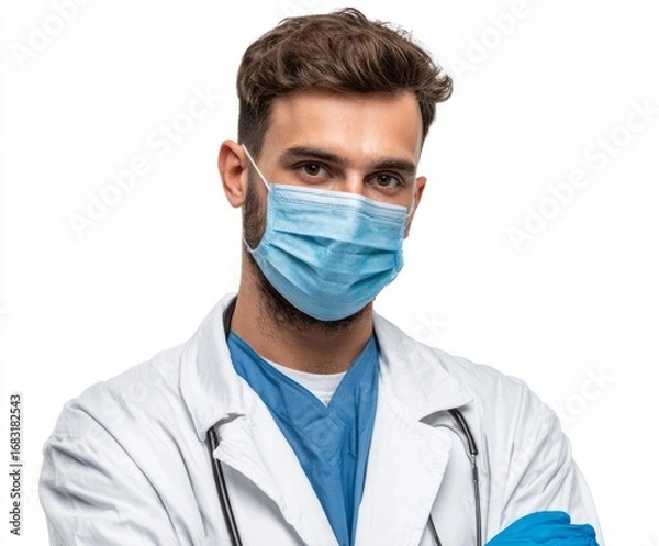 Fototapeta A confident medical professional, wearing a protective face mask and gloves, presents a composed and reassuring presence against a plain white background.
