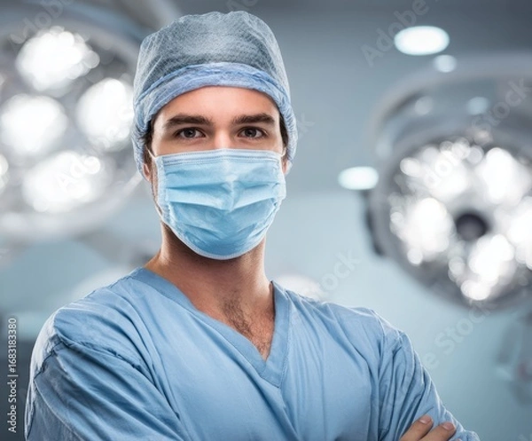 Fototapeta A serious male medical professional in a light blue scrubs uniform, wearing a sterile cap and mask,  stands in an operating room setting.