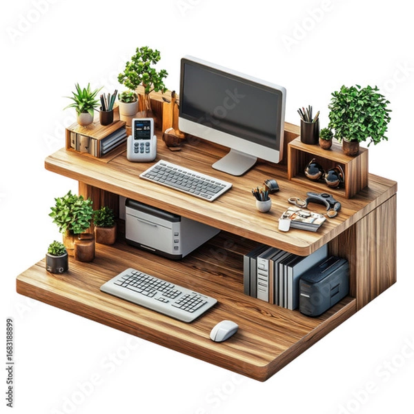 Fototapeta Modern wooden desk setup featuring a computer keyboard mouse printer books and decorative plants creating a stylish and organized workspace area on transparent background