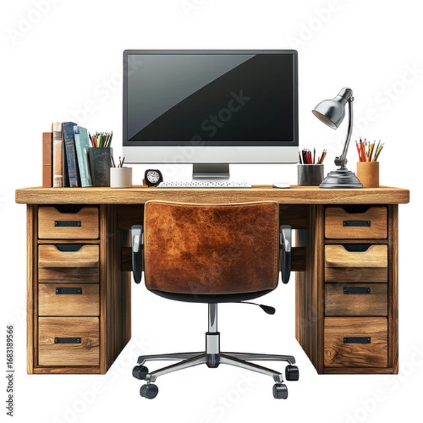 Fototapeta Rustic wooden desk setup featuring a computer leather chair books and lamp creates a cozy and productive workspace atmosphere for home or office use on transparent background