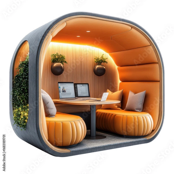 Fototapeta Modern office pod with laptops plants and orange seating provides a quiet workspace for focused work and collaboration in a contemporary environment on transparent background