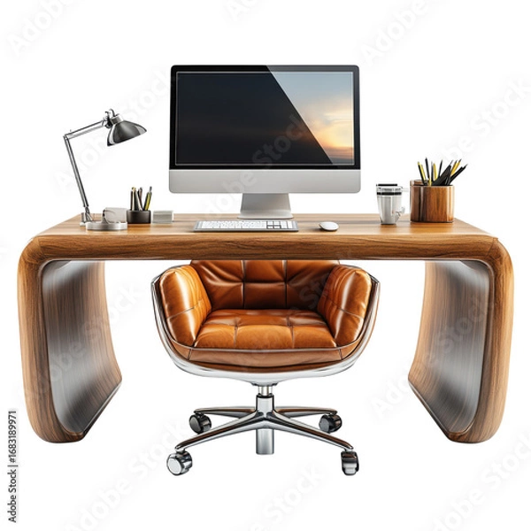 Fototapeta Modern executive desk setup featuring a wooden desk leather chair computer and lamp against a for home office inspiration on transparent background