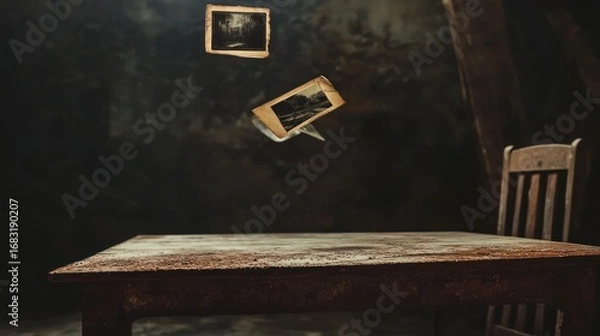 Fototapeta Eerie Attic Ambience: Floating Memories Above a Weathered Wooden Table Scene