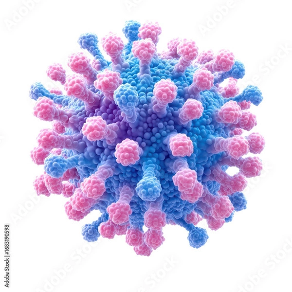 Fototapeta Microscopic view of a virus particle with pink and blue spikes showcasing viral structure and potential medical research applications on transparent background