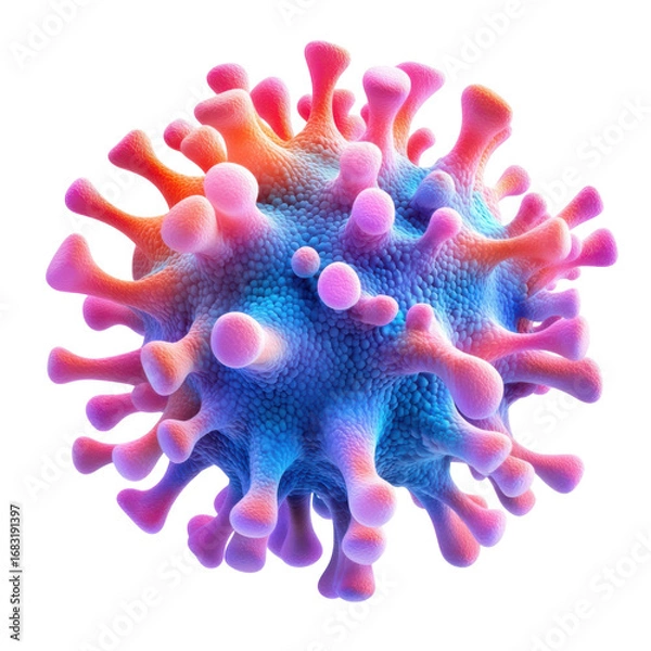 Fototapeta Detailed 3D rendering of a coronavirus particle with vibrant blue pink and orange hues against a showcasing its structure at a microscopic level on transparent background