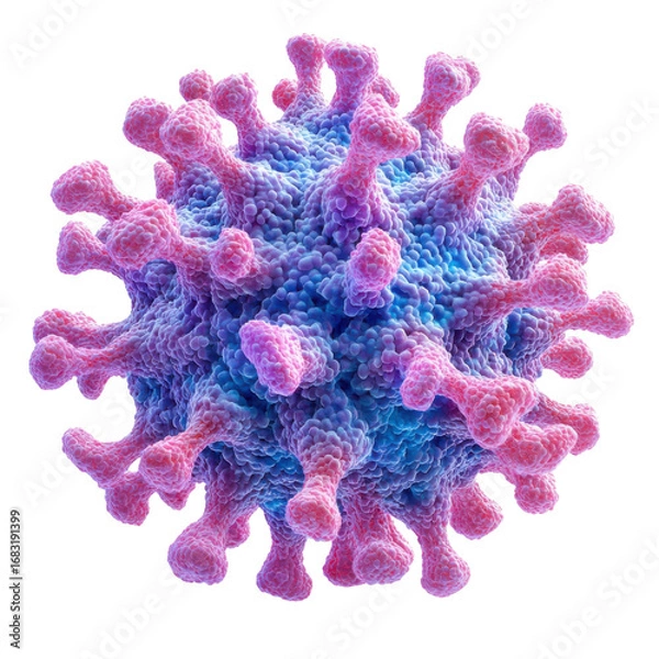 Fototapeta Microscopic view of a virus particle with pink spikes and blue surface a detailed scientific illustration for medical or educational purposes on transparent background