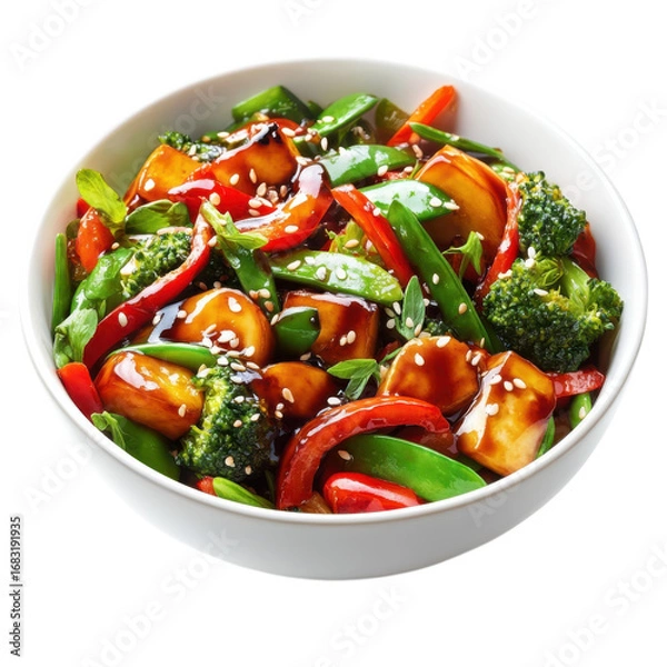 Fototapeta Delicious vegetable stirfry with tofu and sesame seeds in a white bowl showcasing vibrant colors and healthy ingredients for a nutritious meal idea on transparent background