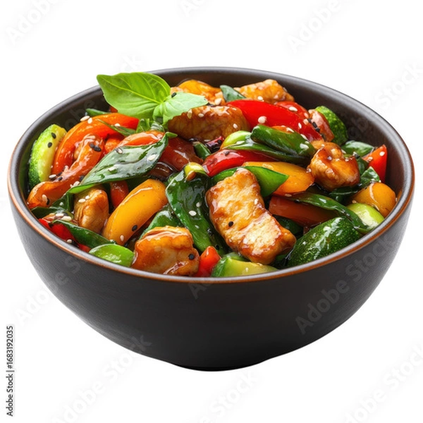 Fototapeta Delicious chicken stirfry with colorful vegetables in a black bowl garnished with basil and sesame seeds perfect for a healthy and flavorful meal on transparent background