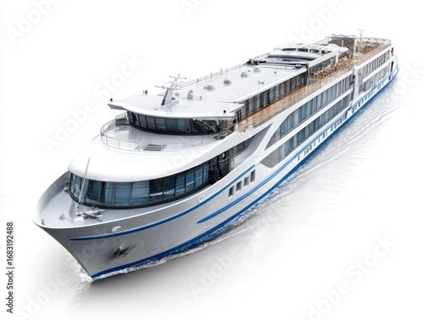 Fototapeta A modern river cruise ship glides across placid waters, showcasing a sleek design and spacious decks.
