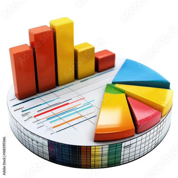 Fototapeta Colorful 3d bar graph and pie chart illustration for business analytics and financial reporting showcasing data visualization and statistical analysis on transparent background