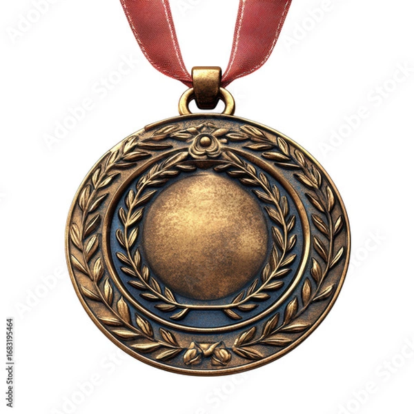 Fototapeta Detailed bronze medal with laurel wreath and red ribbon against a showcases victory and achievement perfect for awards and recognition on transparent background