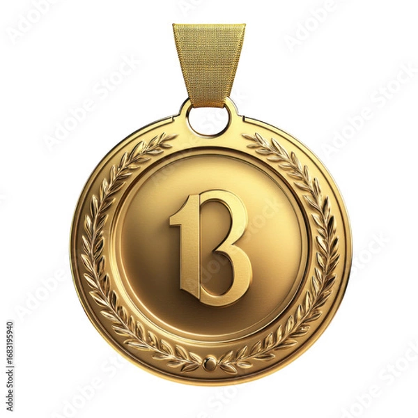 Fototapeta Golden medal with the number thirteen and laurel wreath a symbol of achievement and victory hanging from a golden ribbon against a on transparent background