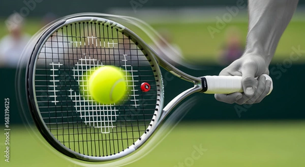 Fototapeta Action shot of a tennis racket hitting a ball during a tennis match showing speed and power of the