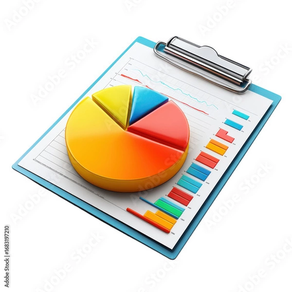 Fototapeta Colorful pie chart and bar graph displayed on a clipboard representing data analysis and financial performance for business and marketing strategies on transparent background